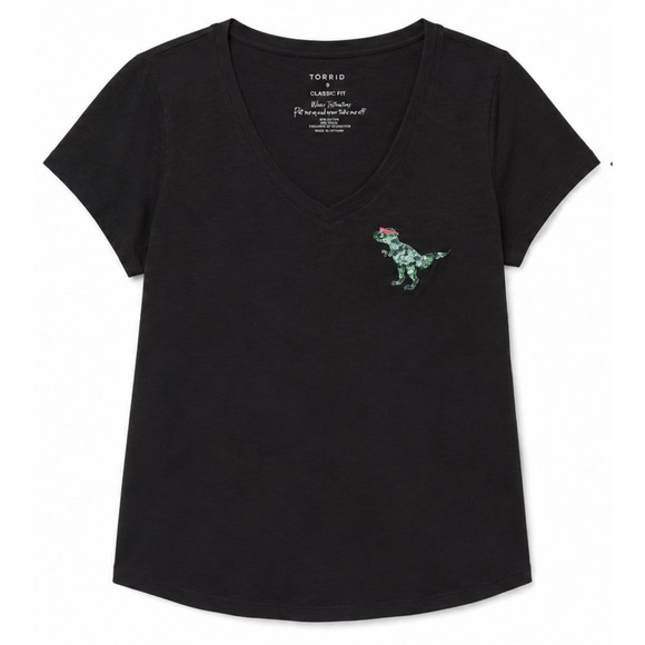 torrid Tops - Torrid Black V-Neck T-Shirt Sequin Dinosaur T-Rex Size 0X Classic Fit Geek Chic